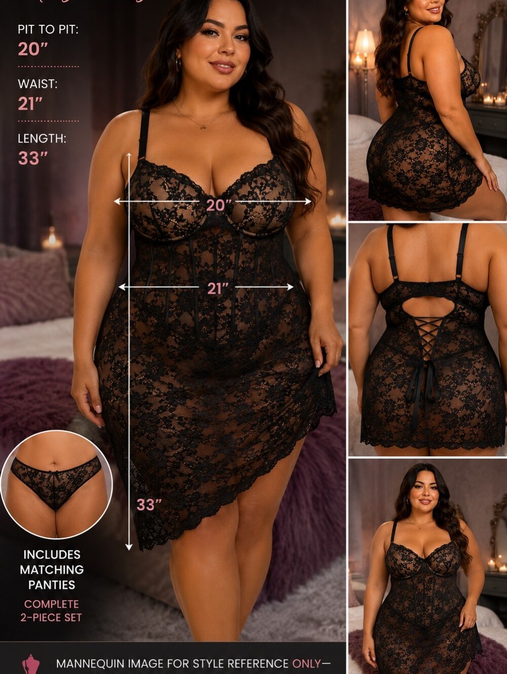 Adore Me Brielle 3X Black Lace Babydoll Lingerie & Panty Set NWT